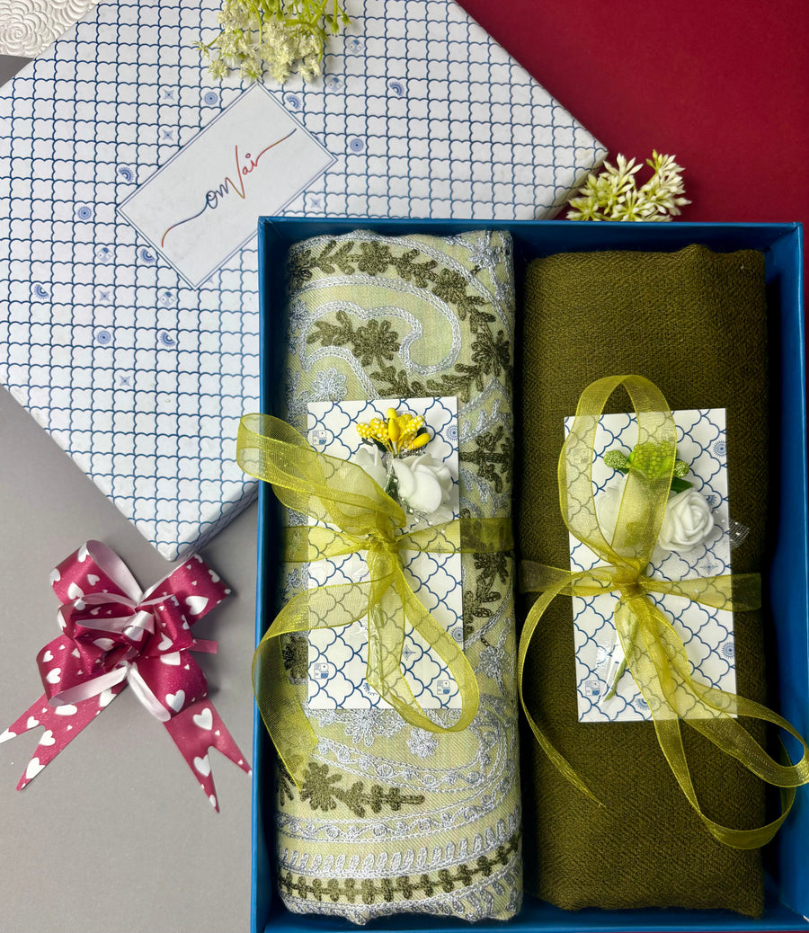 OMVAI Embroidery Pashmina Combo Gift Set in Pure Cashmere wool - Artichoke Embroidered Stole with Sage Green Solid Stole (Set of 2 - For HIM and for HER)