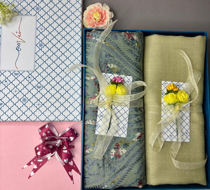 OMVAI Embroidery Pashmina Combo Gift Set in Pure Cashmere wool - Sage Embroidered Stole with Artichoke Solid Stole (Set of 2 - For HIM and for HER)