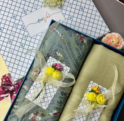 OMVAI Embroidery Pashmina Combo Gift Set in Pure Cashmere wool - Sage Embroidered Stole with Artichoke Solid Stole (Set of 2 - For HIM and for HER)