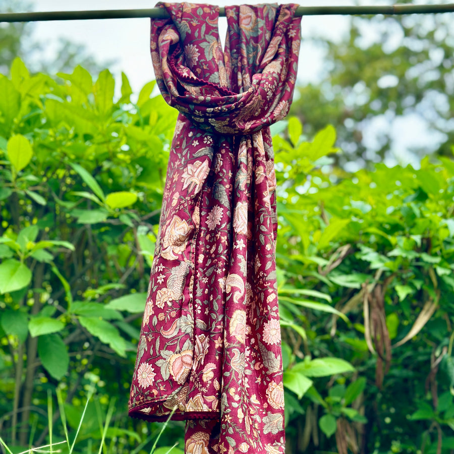 OMVAI Victorian Mughal Flower Print Silk Stole -  Rich Burgandy