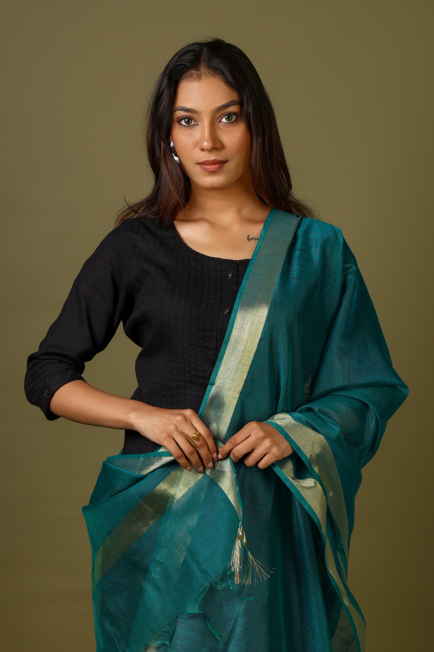 OMVAI Peacock Green With Golden Border Silk Chanderi Dupatta