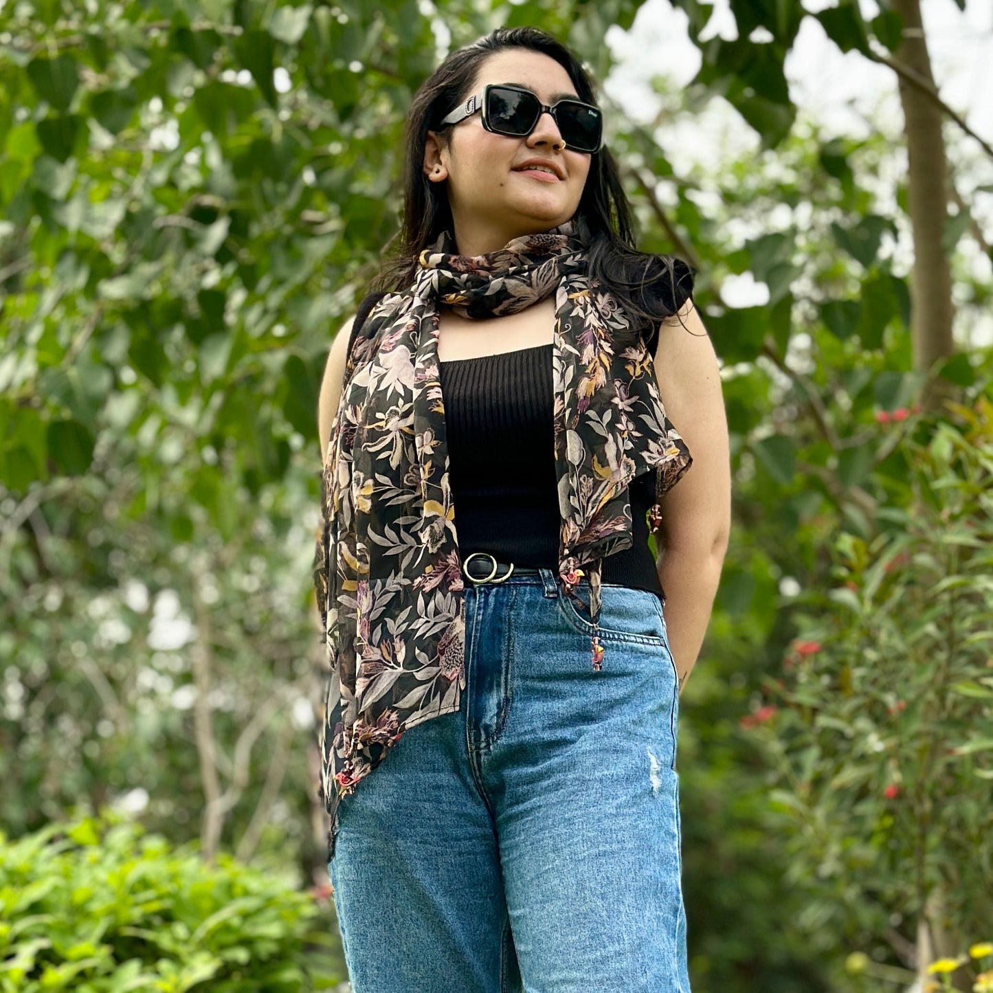 OMVAI Floral Bahaar Chiffon Stole - Charcoal