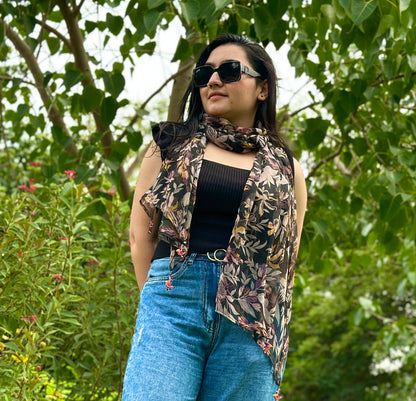 OMVAI Floral Bahaar Chiffon Stole - Charcoal