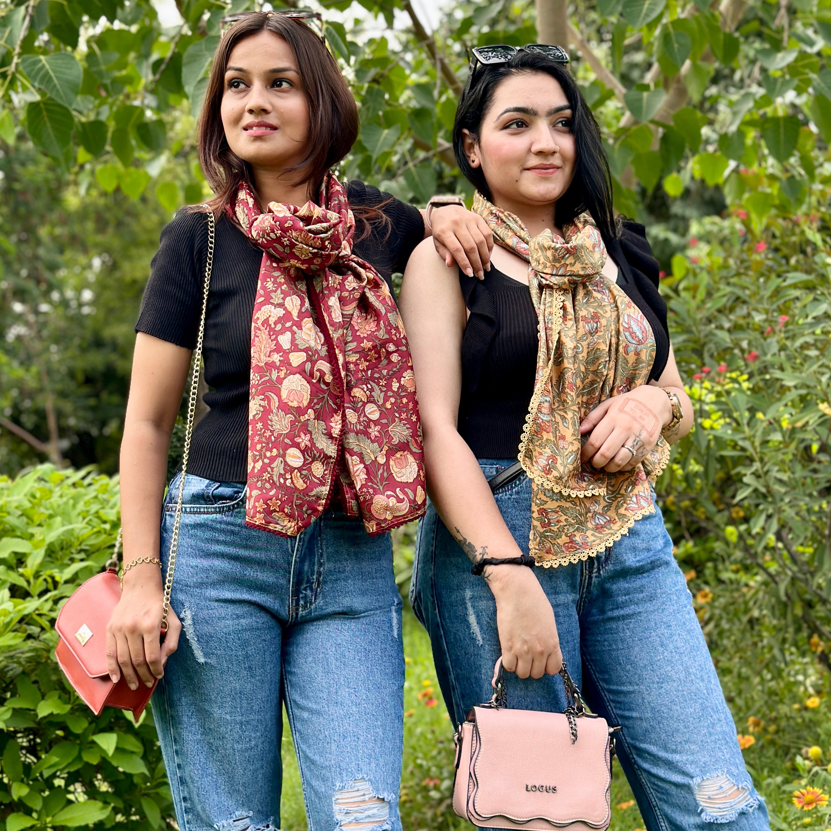 OMVAI Victorian Mughal Flower Print Silk Stole -  Rich Burgandy