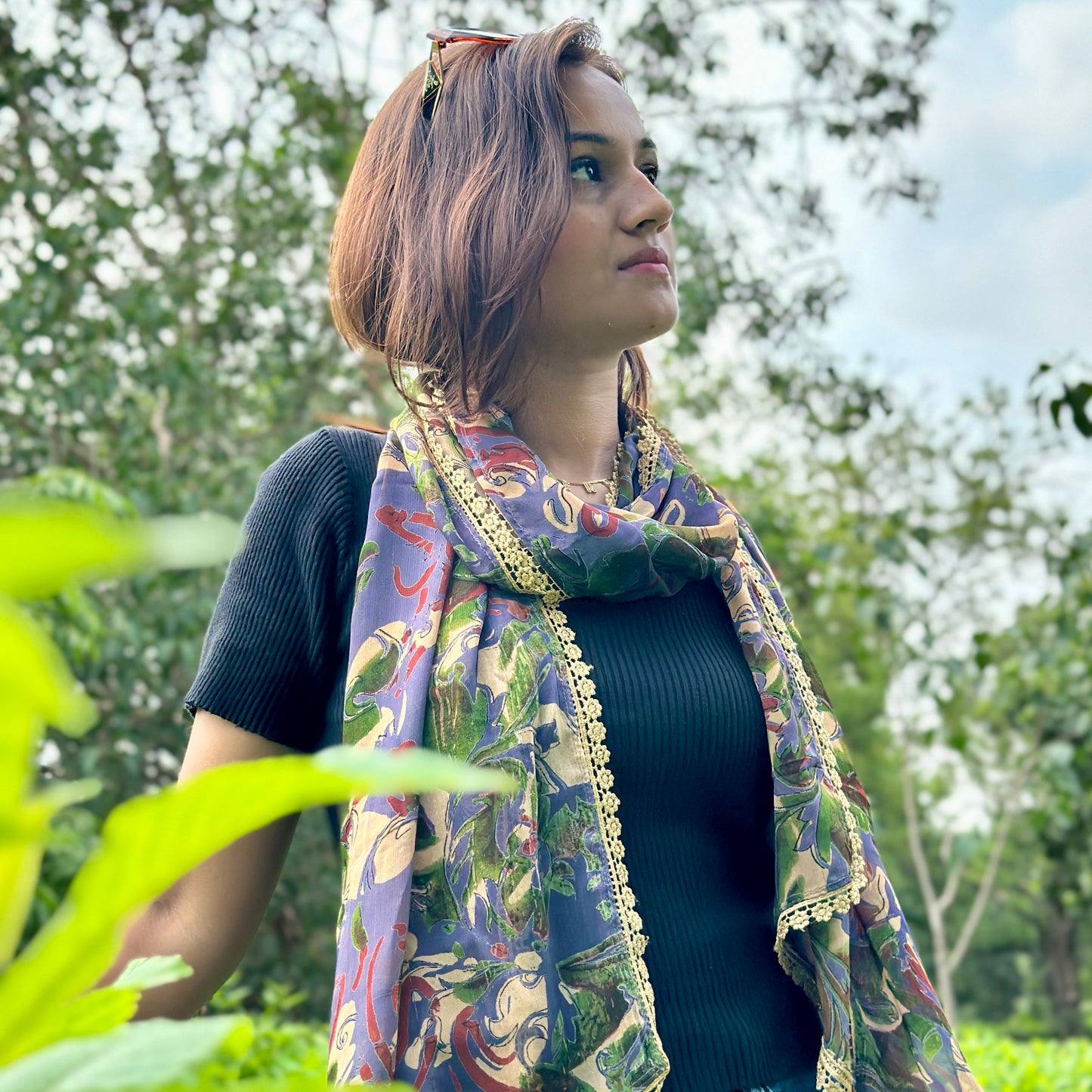 OMVAI Abstract Flora Chiffon Stole - Lavender
