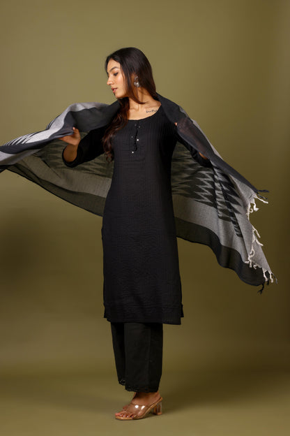OMVAI The IKAT Dupatta with Tassels  - Midnight Black
