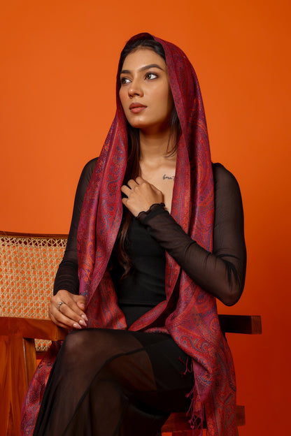 OMVAI Ornamental Paisley Premium Woven Silk Stole - Red Regalia