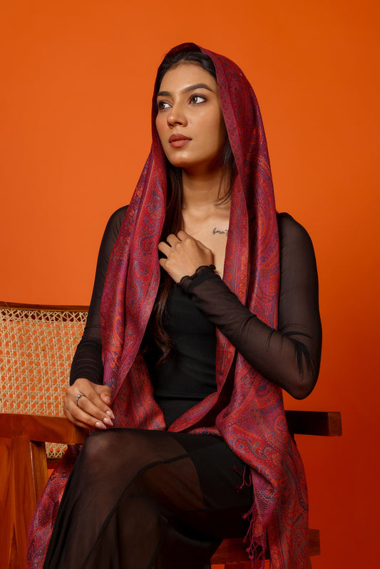 OMVAI Ornamental Paisley Premium Woven Silk Stole - Red Regalia