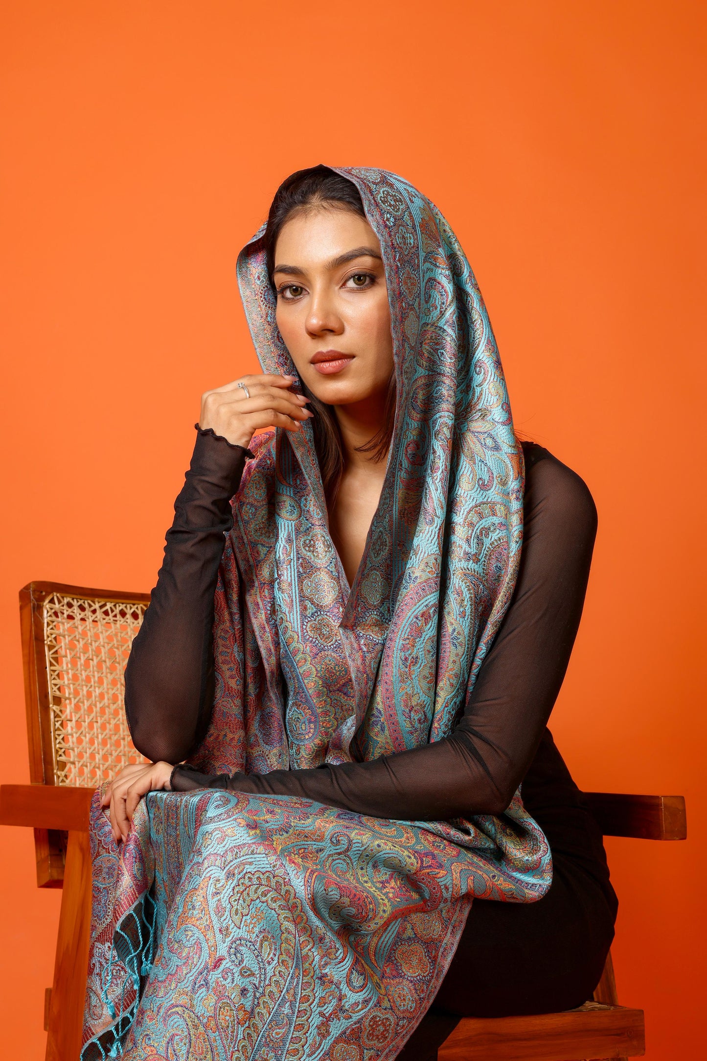 OMVAI Ornamental Paisley Premium Woven Silk Stole - Aqua Blue