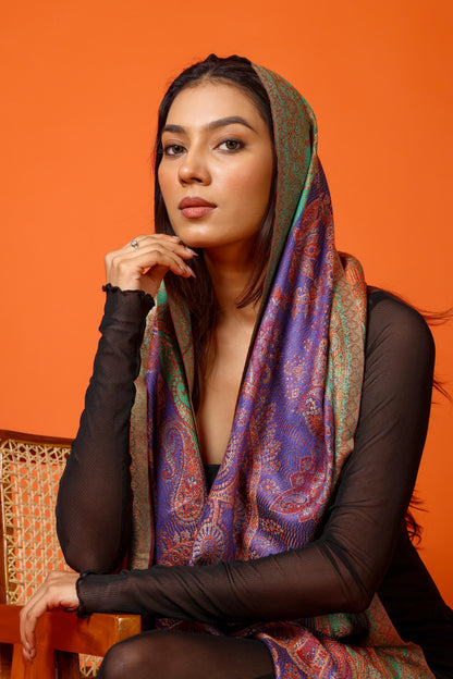 OMVAI Ornamental Paisley Premium Woven Silk Stole - Blue and Fern Green