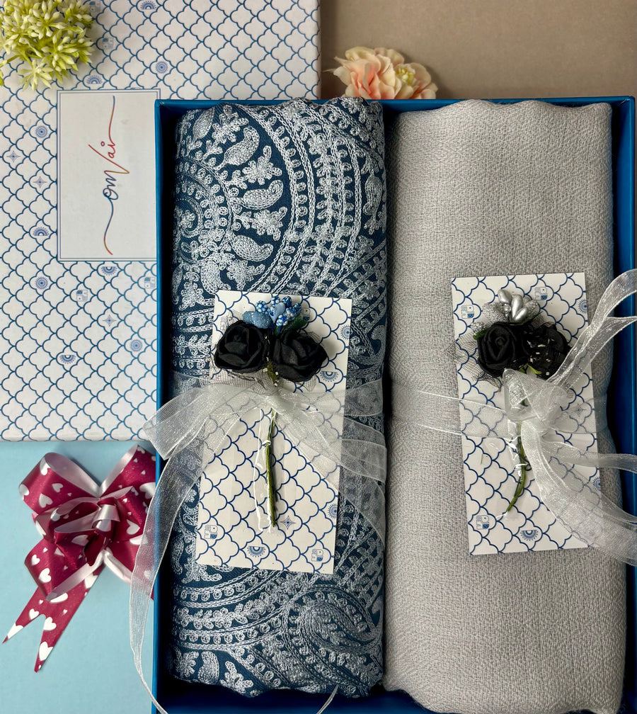 OMVAI Embroidery Pashmina Combo Gift Set in Pure Cashmere wool - Blue Embroidered Stole with Silver Grey Solid Stole (Set of 2 - For HIM and for HER)