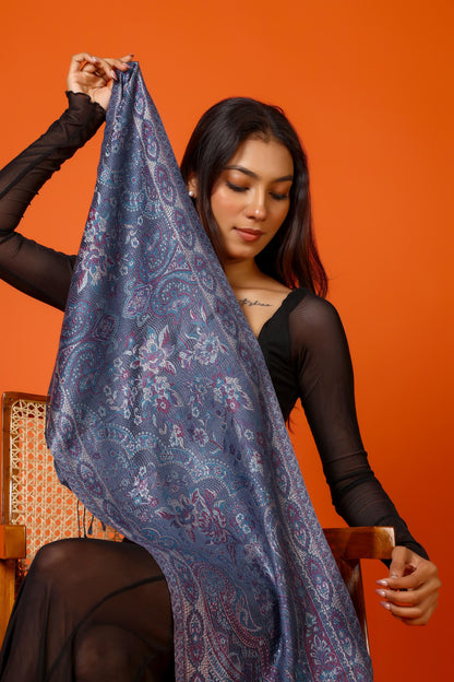 OMVAI Victorian Paisley Premium Woven Silk Stole - Blue Regalia