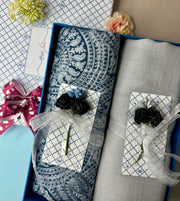 OMVAI Embroidery Pashmina Combo Gift Set in Pure Cashmere wool - Blue Embroidered Stole with Silver Grey Solid Stole (Set of 2 - For HIM and for HER)