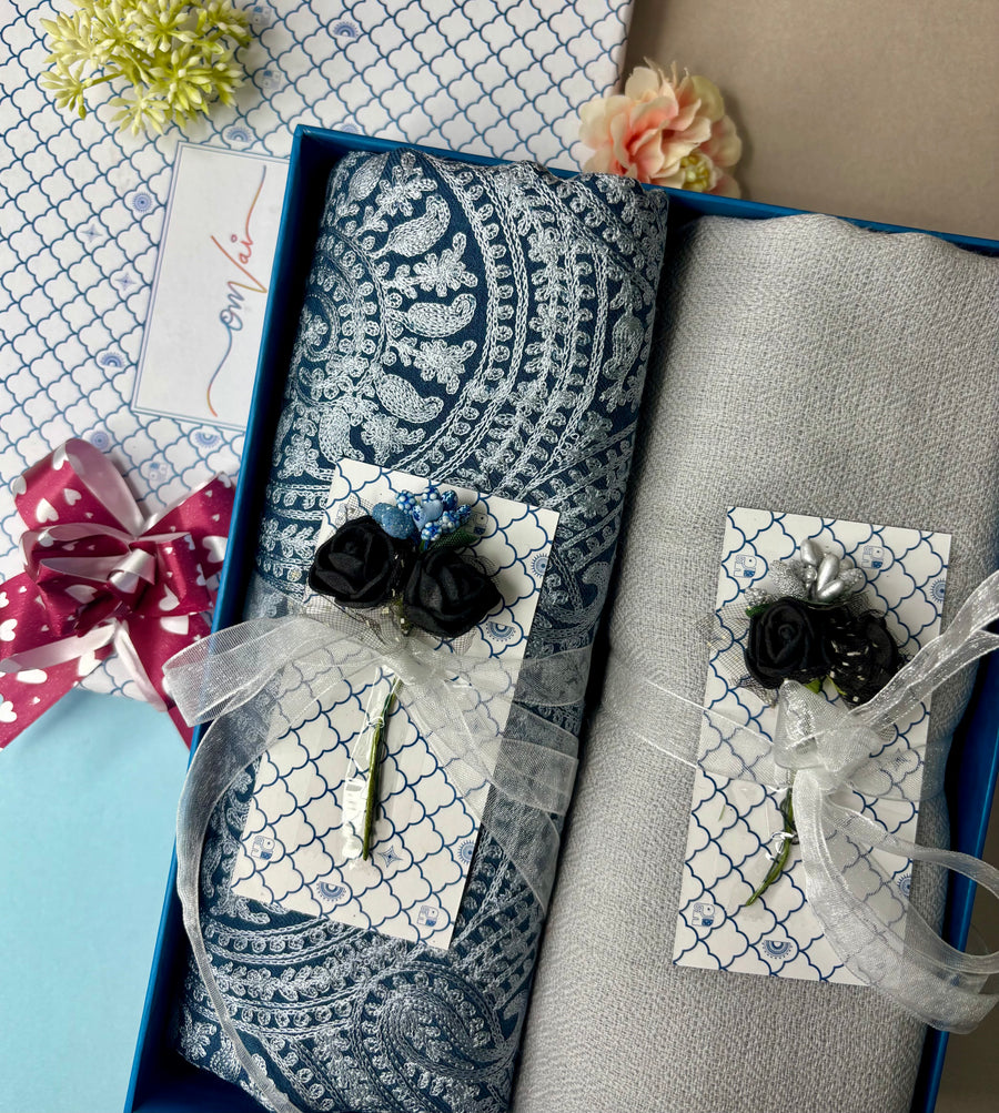 OMVAI Embroidery Pashmina Combo Gift Set in Pure Cashmere wool - Blue Embroidered Stole with Silver Grey Solid Stole (Set of 2 - For HIM and for HER)