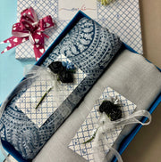 OMVAI Embroidery Pashmina Combo Gift Set in Pure Cashmere wool - Blue Embroidered Stole with Silver Grey Solid Stole (Set of 2 - For HIM and for HER)
