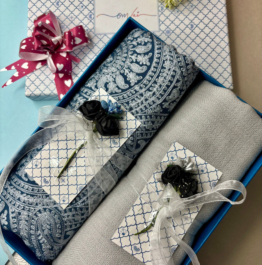OMVAI Embroidery Pashmina Combo Gift Set in Pure Cashmere wool - Blue Embroidered Stole with Silver Grey Solid Stole (Set of 2 - For HIM and for HER)