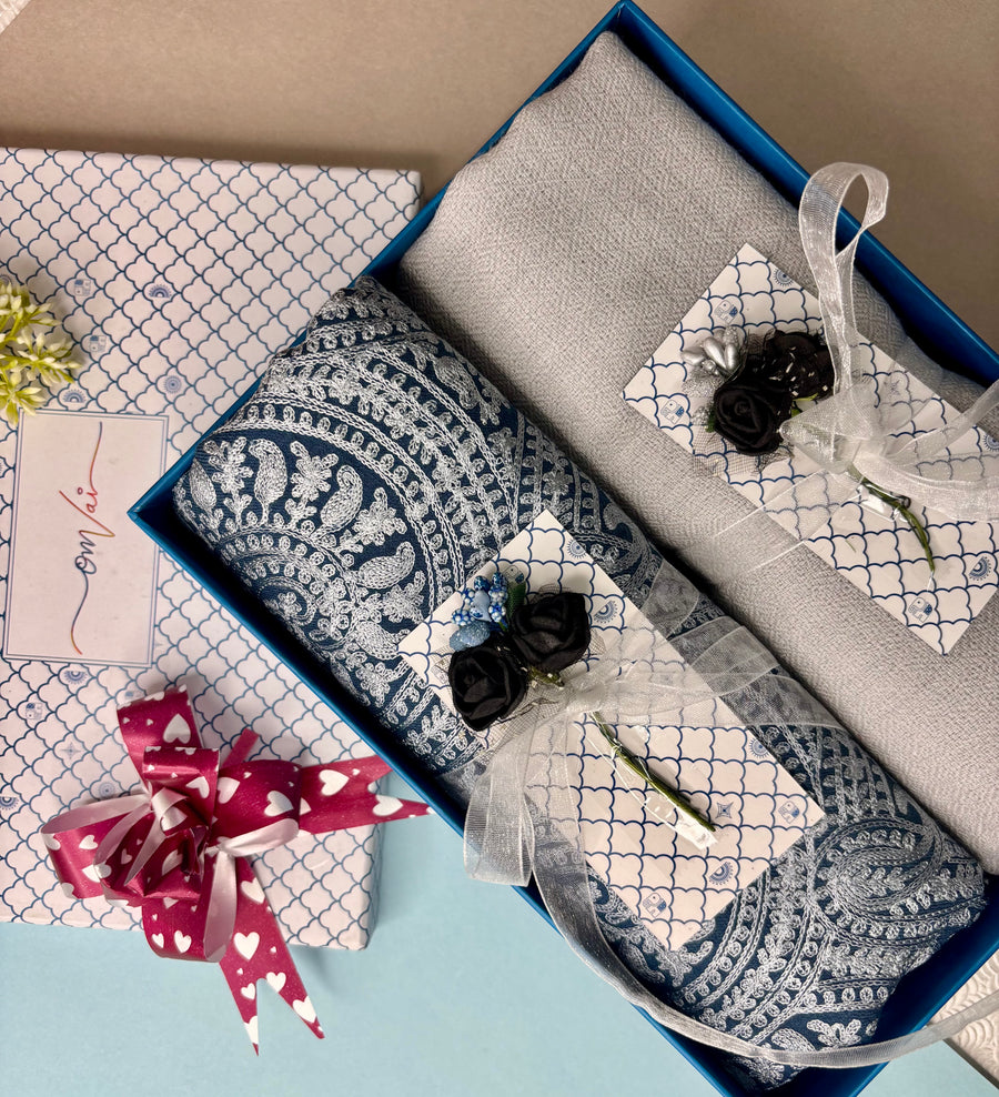 OMVAI Embroidery Pashmina Combo Gift Set in Pure Cashmere wool - Blue Embroidered Stole with Silver Grey Solid Stole (Set of 2 - For HIM and for HER)