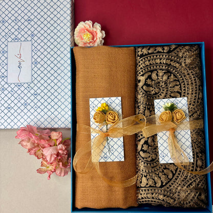 OMVAI Embroidery Pashmina Combo Gift Set in Pure Cashmere wool - Black Embroidered Stole with Silver Golden Yellow Solid Stole (Set of  2 - For HIM and for HER)