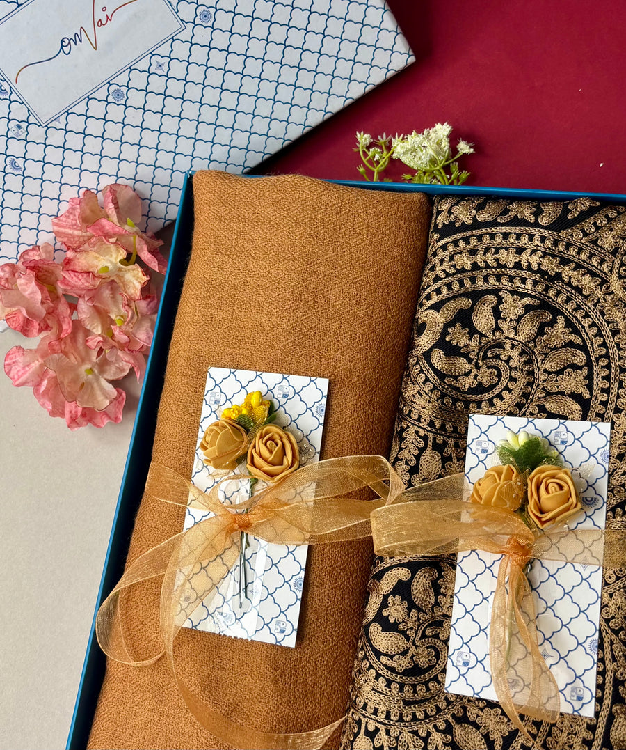 OMVAI Embroidery Pashmina Combo Gift Set in Pure Cashmere wool - Black Embroidered Stole with Silver Golden Yellow Solid Stole (Set of  2 - For HIM and for HER)