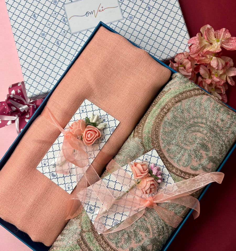 OMVAI Embroidery Pashmina Combo Gift Set in Pure Cashmere wool - Natural Embroidered Stole with Peach Solid Stole (Set of  2 - For HIM and for HER)