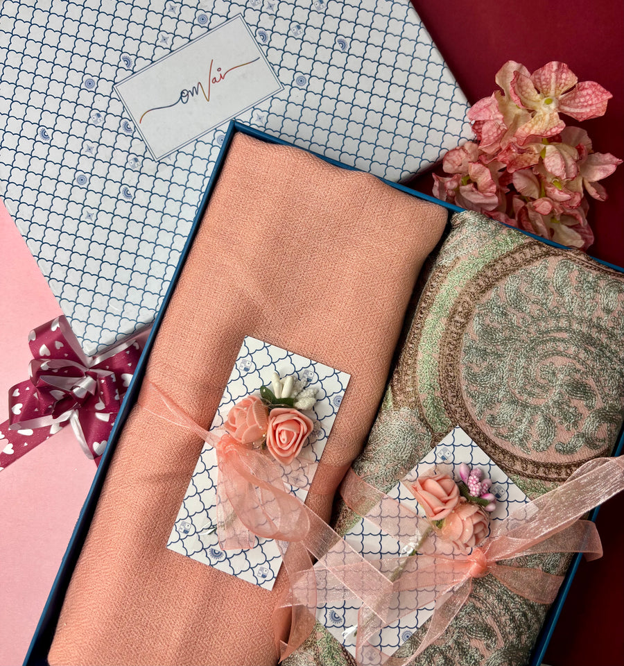 OMVAI Embroidery Pashmina Combo Gift Set in Pure Cashmere wool - Natural Embroidered Stole with Peach Solid Stole (Set of  2 - For HIM and for HER)