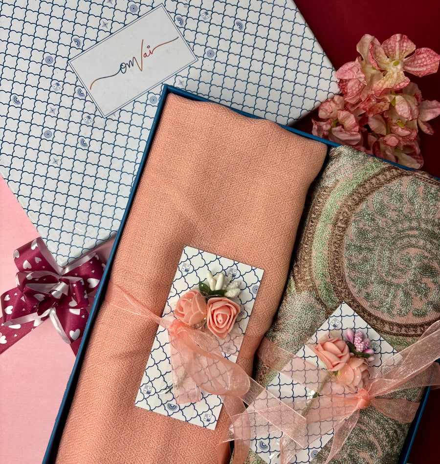 OMVAI Embroidery Pashmina Combo Gift Set in Pure Cashmere wool - Natural Embroidered Stole with Peach Solid Stole (Set of  2 - For HIM and for HER)