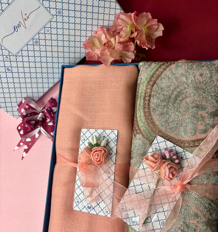 OMVAI Embroidery Pashmina Combo Gift Set in Pure Cashmere wool - Natural Embroidered Stole with Peach Solid Stole (Set of  2 - For HIM and for HER)