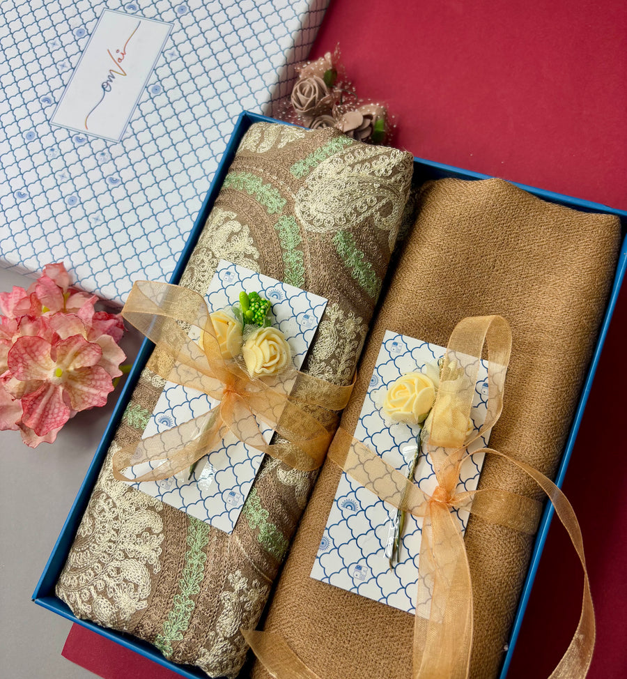 OMVAI Embroidery Pashmina Combo Gift Set in Pure Cashmere wool - Natural Embroidered Stole with Caramel Solid Stole (Set of  2 - For HIM and for HER)