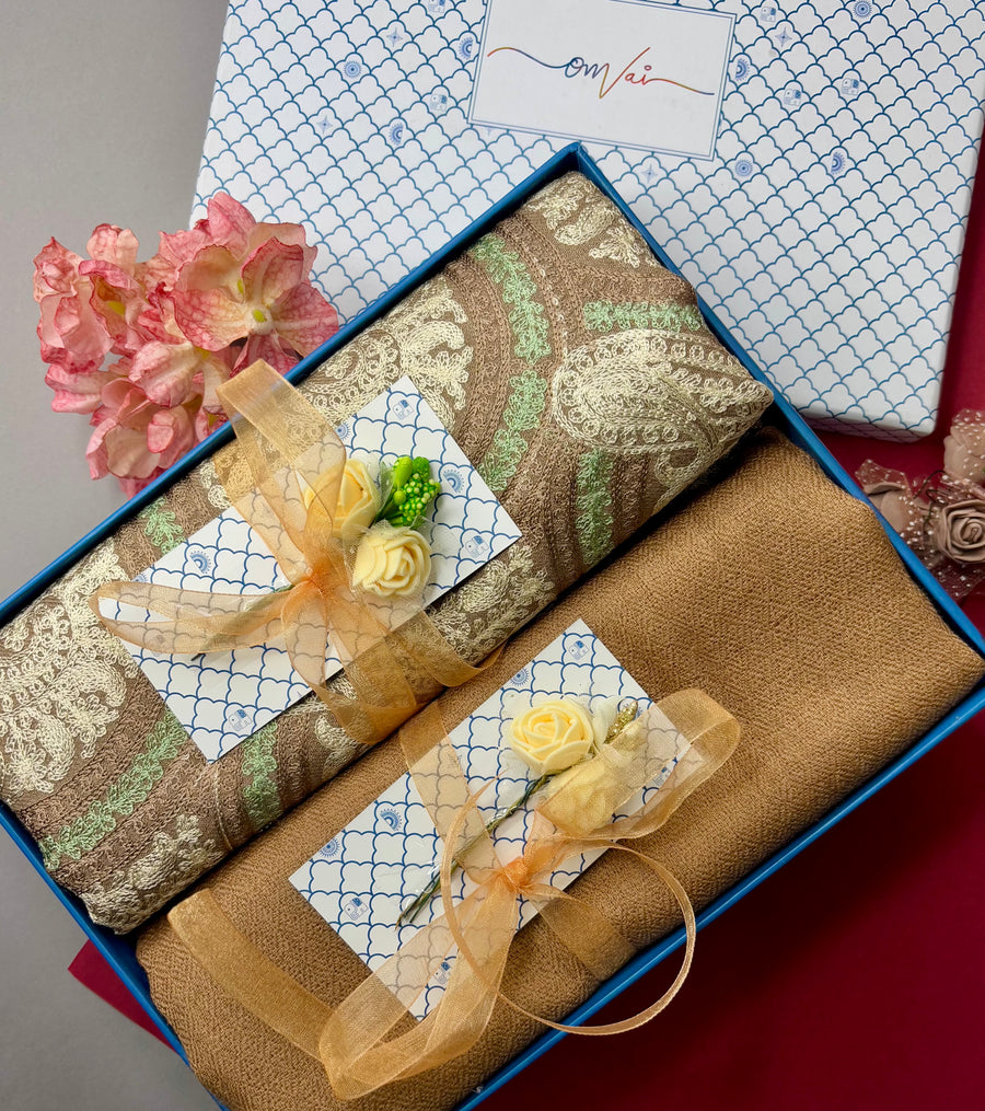 OMVAI Embroidery Pashmina Combo Gift Set in Pure Cashmere wool - Natural Embroidered Stole with Caramel Solid Stole (Set of  2 - For HIM and for HER)