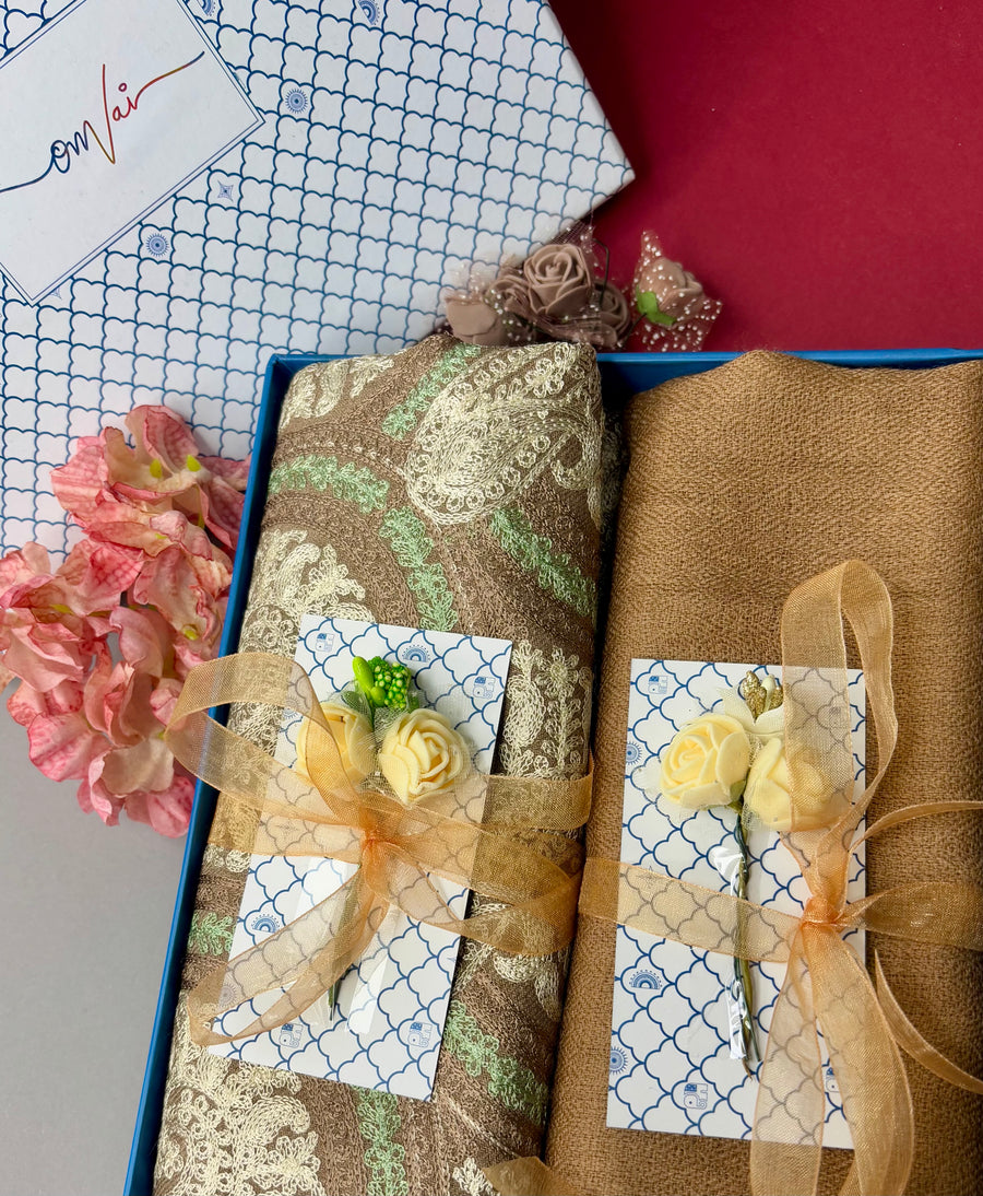 OMVAI Embroidery Pashmina Combo Gift Set in Pure Cashmere wool - Natural Embroidered Stole with Caramel Solid Stole (Set of  2 - For HIM and for HER)