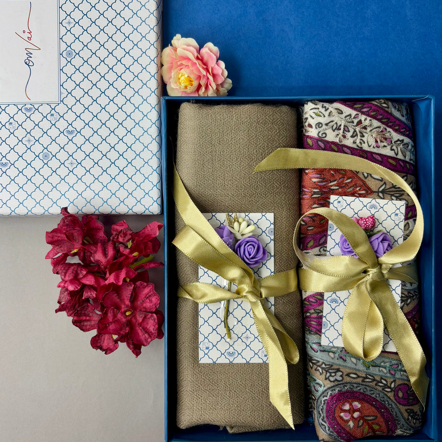 OMVAI Pashmina Combo Gift Set in Pure Cashmere wool - Clay Kalamkari Kani with Embroidery and solid (Set of 2 - For HIM and for HER)