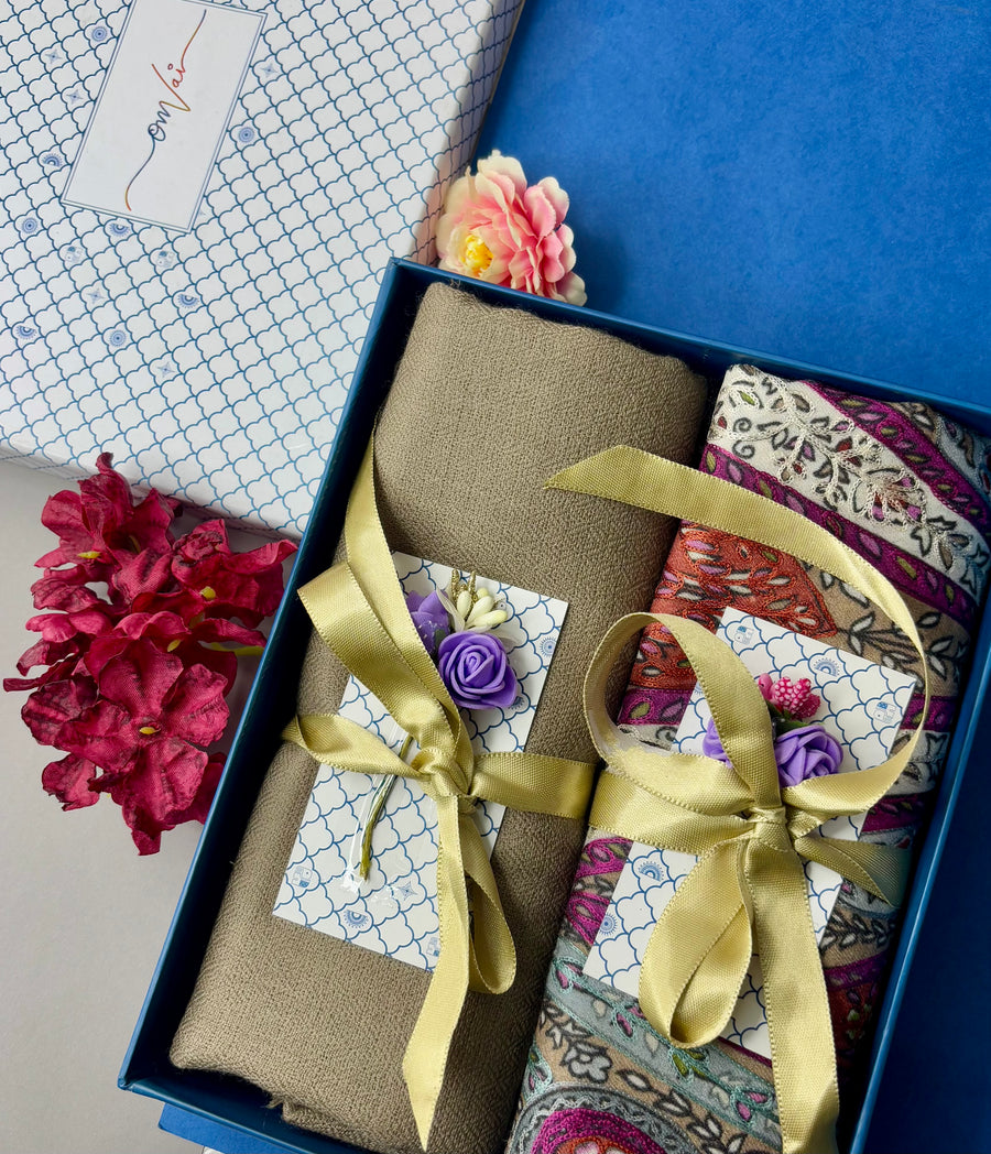 OMVAI Pashmina Combo Gift Set in Pure Cashmere wool - Clay Kalamkari Kani with Embroidery and solid (Set of 2 - For HIM and for HER)