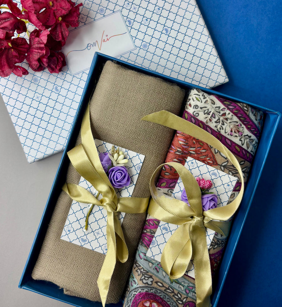 OMVAI Pashmina Combo Gift Set in Pure Cashmere wool - Clay Kalamkari Kani with Embroidery and solid (Set of 2 - For HIM and for HER)