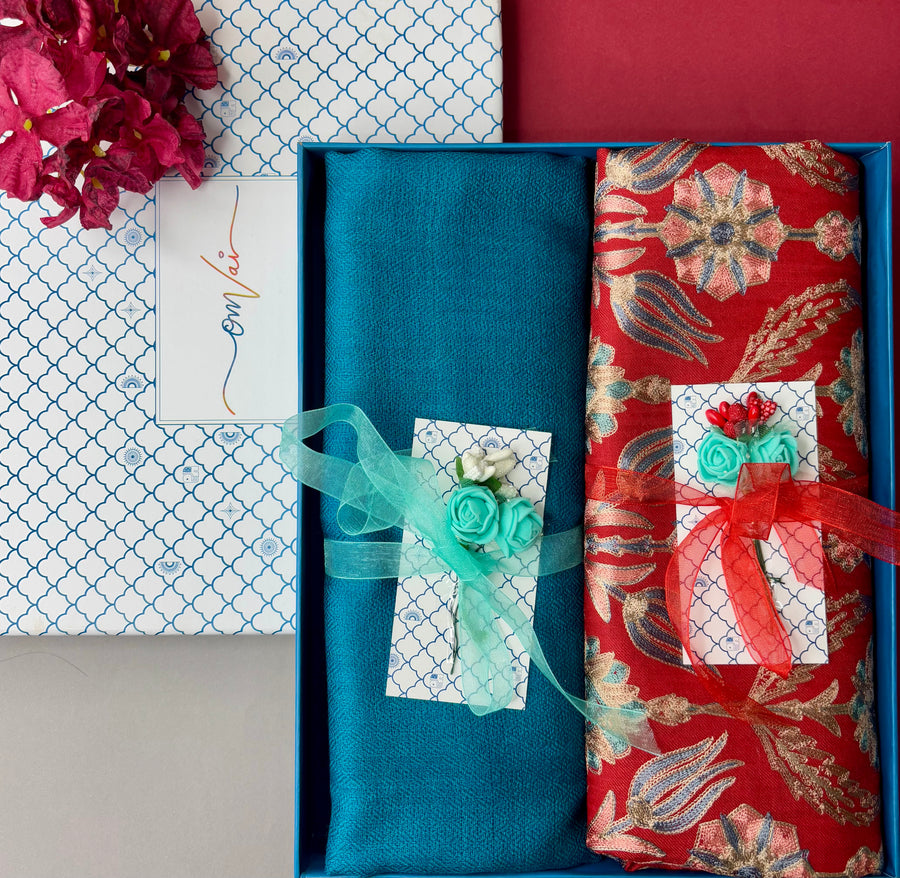 OMVAI Embroidery Pashmina Combo Gift Set in Pure Cashmere wool - Red Embroidered Stole with Turquoise Solid Stole (Set of  2 - For HIM and for HER)