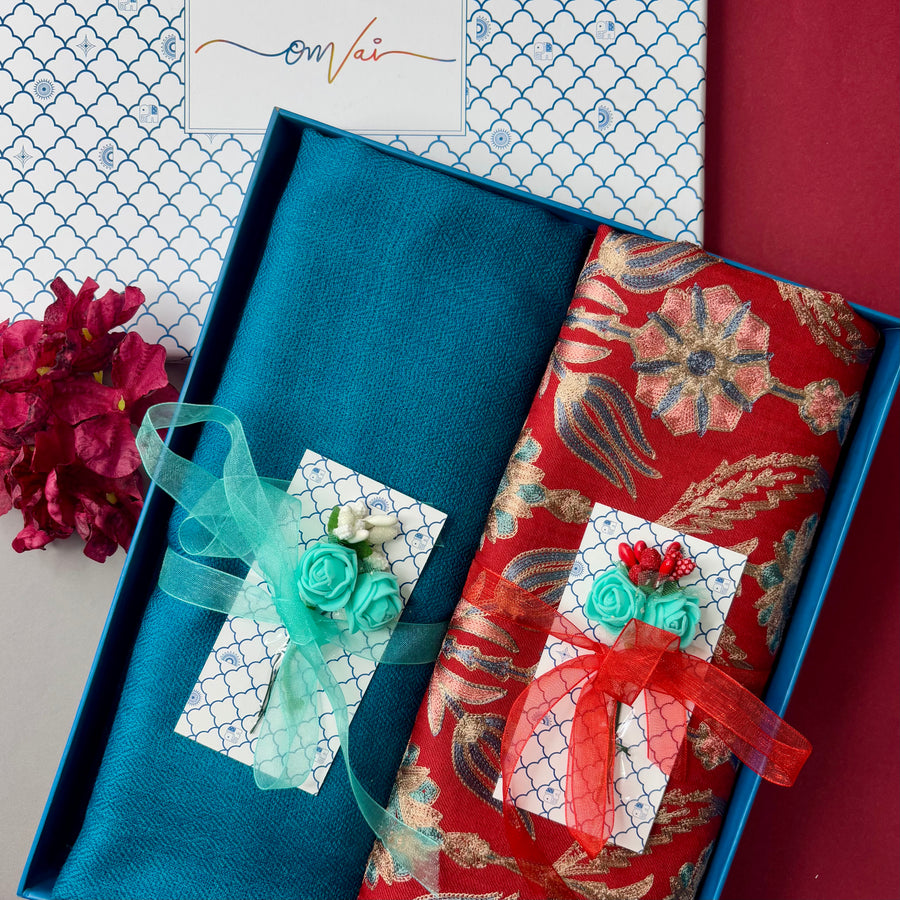 OMVAI Embroidery Pashmina Combo Gift Set in Pure Cashmere wool - Red Embroidered Stole with Turquoise Solid Stole (Set of  2 - For HIM and for HER)