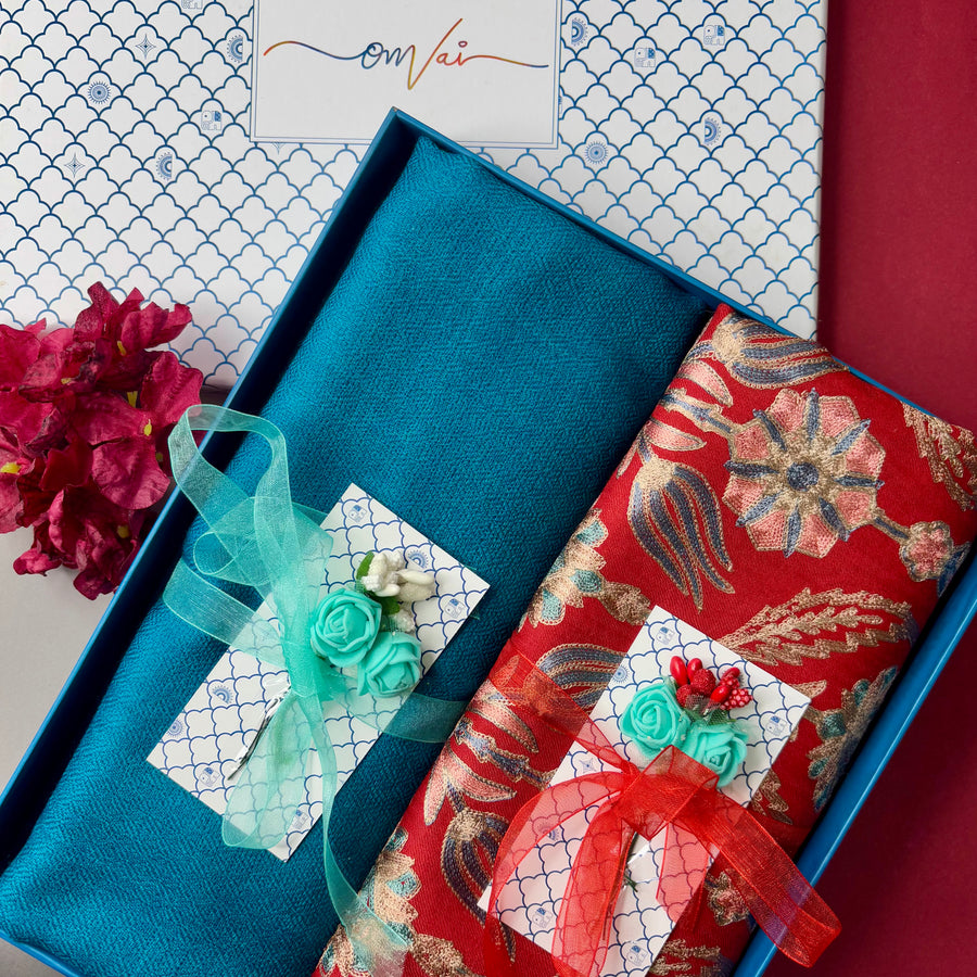 OMVAI Embroidery Pashmina Combo Gift Set in Pure Cashmere wool - Red Embroidered Stole with Turquoise Solid Stole (Set of  2 - For HIM and for HER)