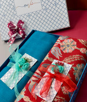 OMVAI Embroidery Pashmina Combo Gift Set in Pure Cashmere wool - Red Embroidered Stole with Turquoise Solid Stole (Set of  2 - For HIM and for HER)