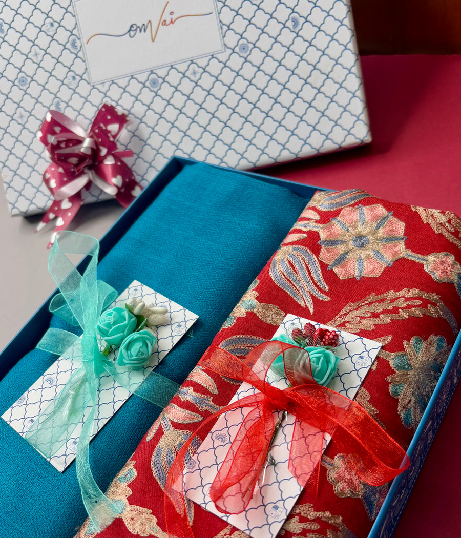 OMVAI Embroidery Pashmina Combo Gift Set in Pure Cashmere wool - Red Embroidered Stole with Turquoise Solid Stole (Set of  2 - For HIM and for HER)