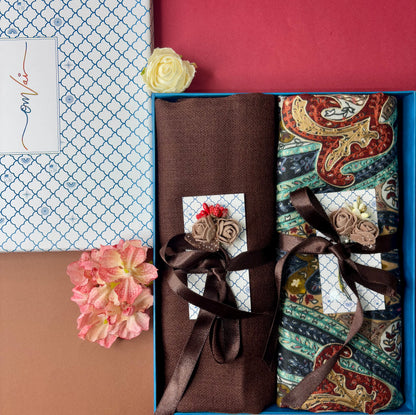 OMVAI Pashmina Combo Gift Set in Pure Cashmere wool - Chocolate Kalamkari Kani with Embroidery and solid (Set of 2 - For HIM and for HER)