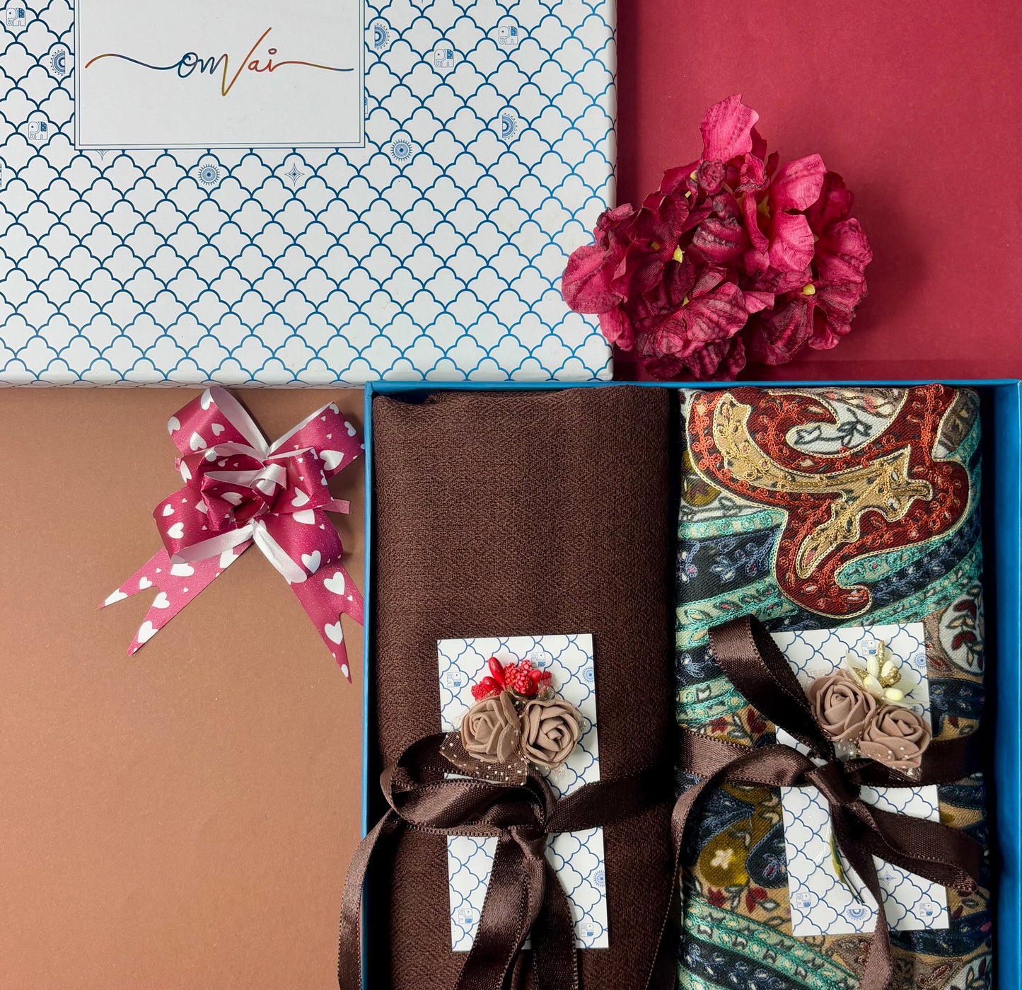 OMVAI Pashmina Combo Gift Set in Pure Cashmere wool - Chocolate Kalamkari Kani with Embroidery and solid (Set of 2 - For HIM and for HER)