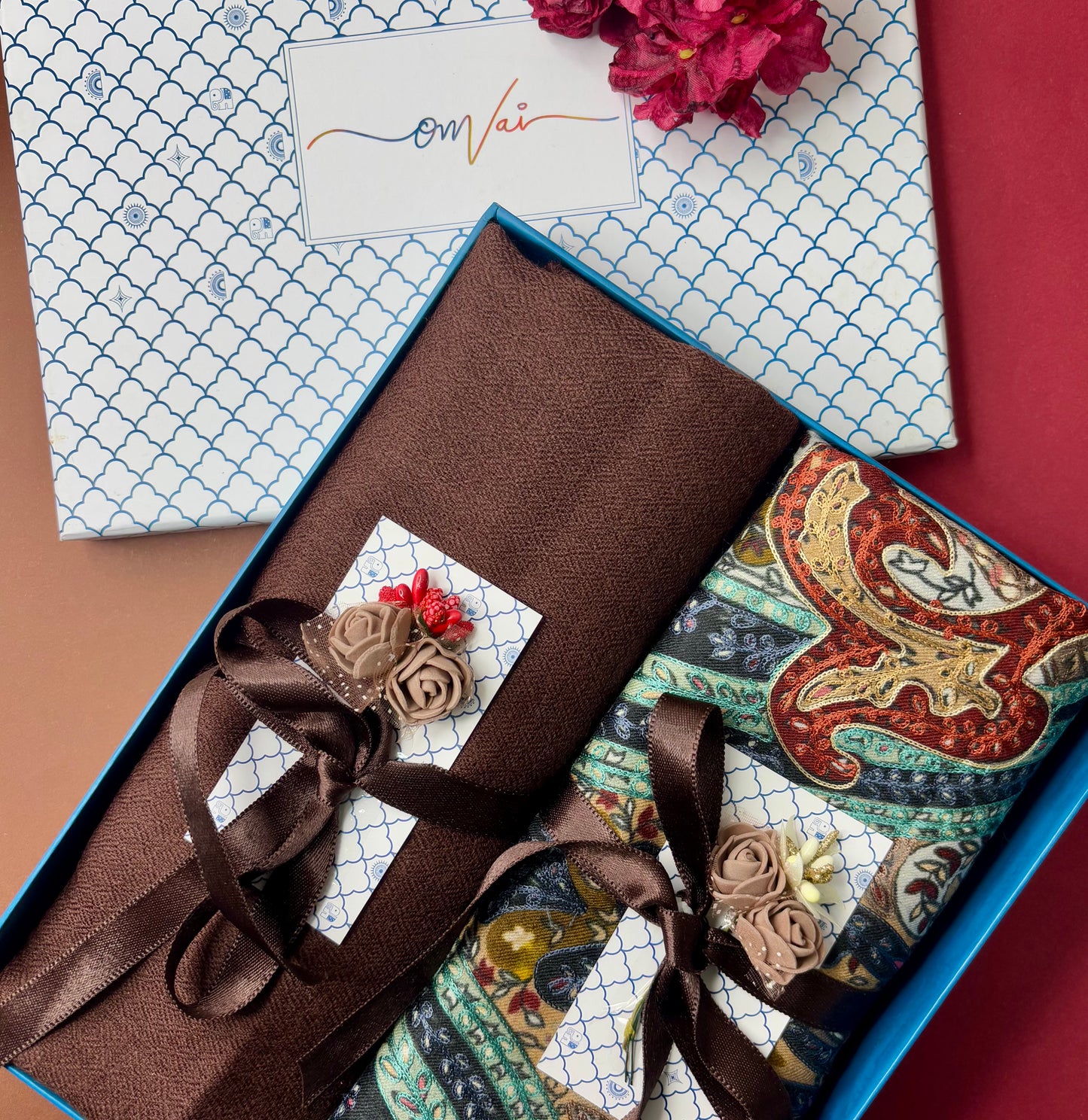 OMVAI Pashmina Combo Gift Set in Pure Cashmere wool - Chocolate Kalamkari Kani with Embroidery and solid (Set of 2 - For HIM and for HER)