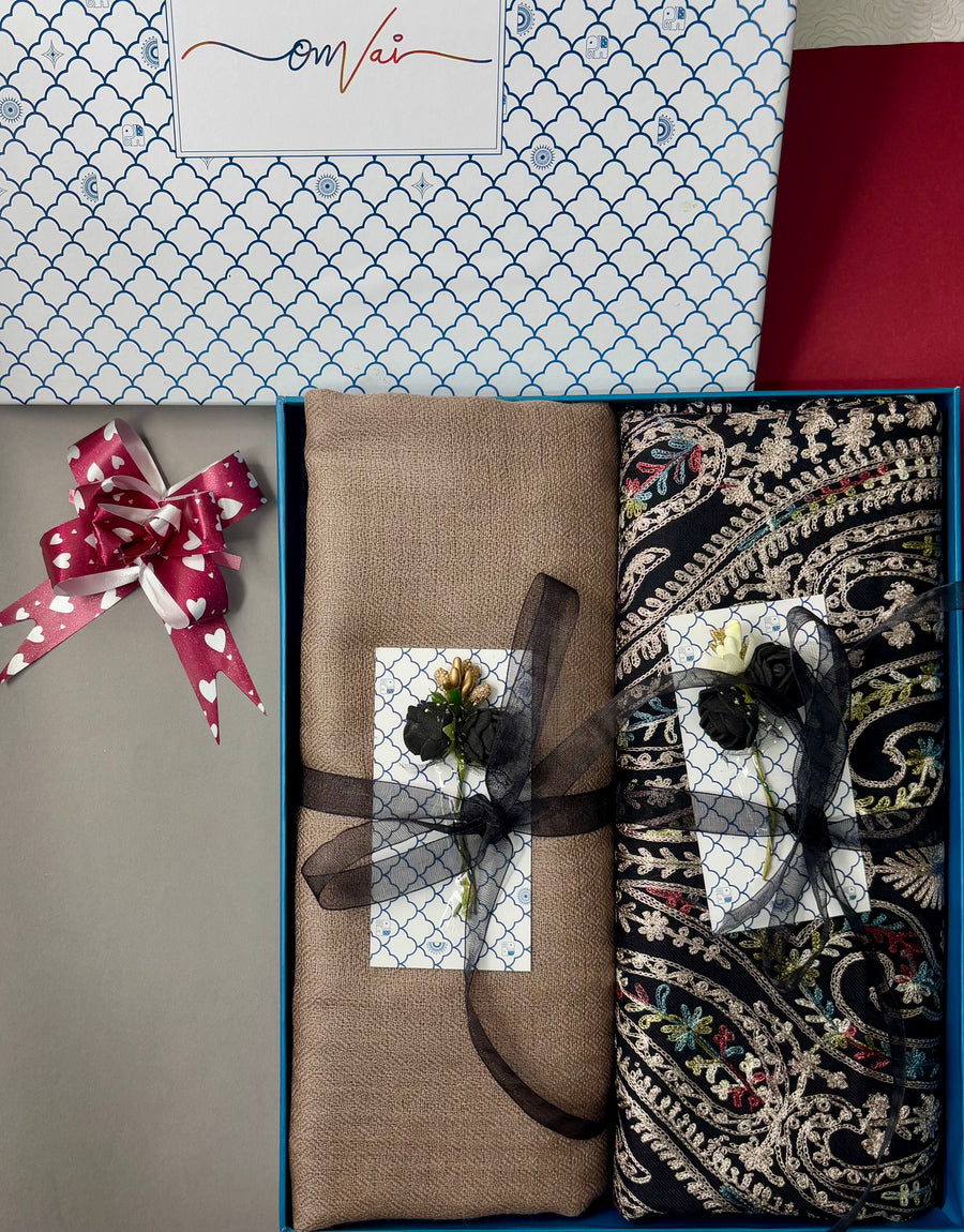 OMVAI Embroidery Pashmina Combo Gift Set in Pure Cashmere wool - Black Embroidered Stole with Clay Solid Stole (Set of  2 - For HIM and for HER)