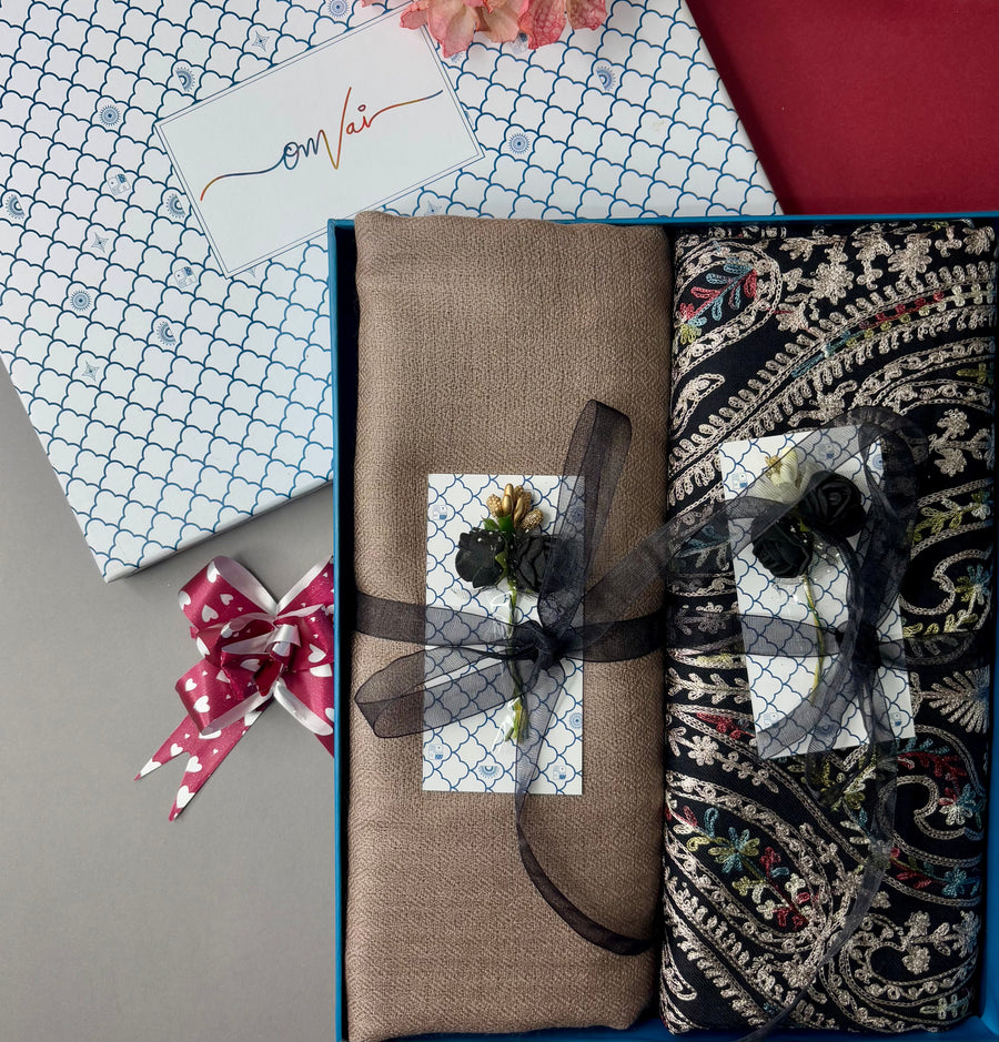 OMVAI Embroidery Pashmina Combo Gift Set in Pure Cashmere wool - Black Embroidered Stole with Clay Solid Stole (Set of  2 - For HIM and for HER)
