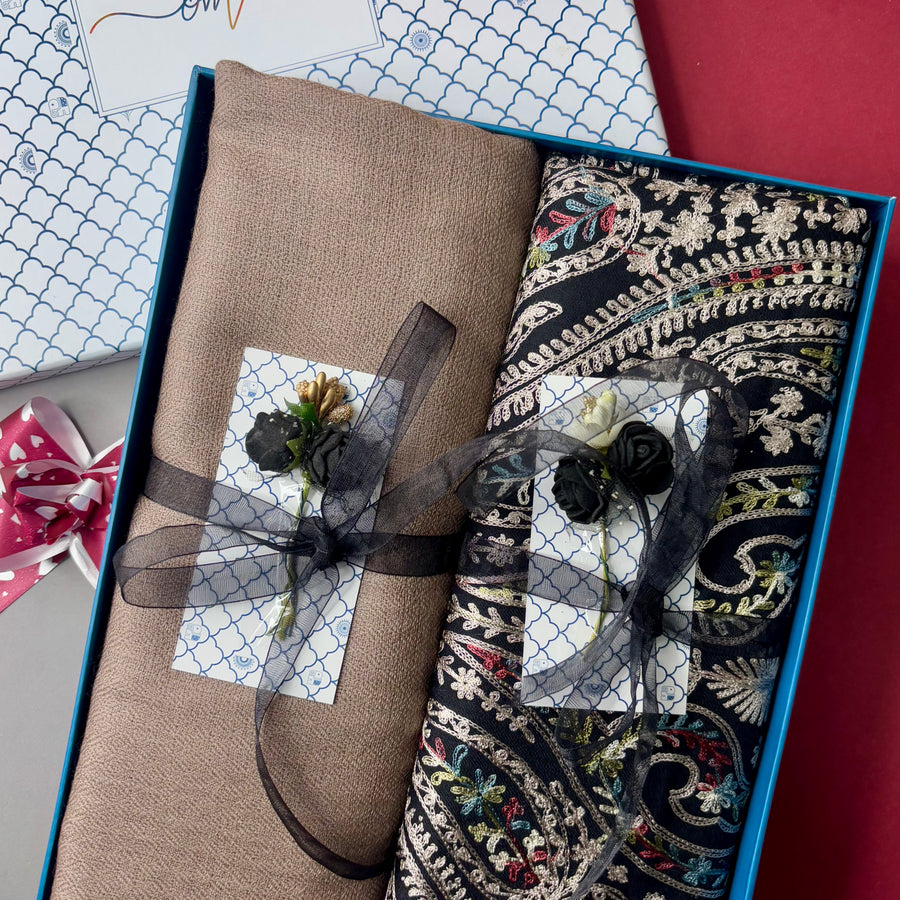 OMVAI Embroidery Pashmina Combo Gift Set in Pure Cashmere wool - Black Embroidered Stole with Clay Solid Stole (Set of  2 - For HIM and for HER)