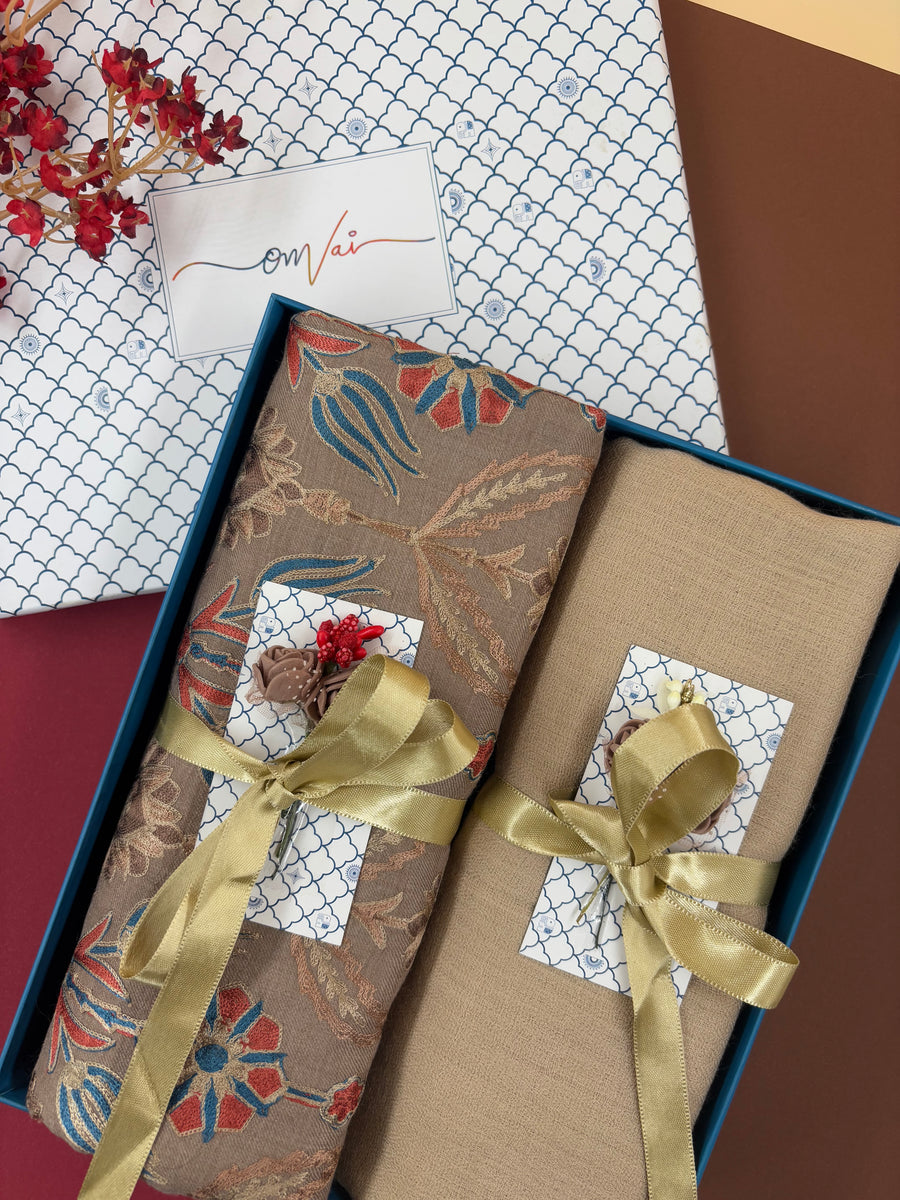 OMVAI Embroidery Pashmina Combo Gift Set in Pure Cashmere wool - Caramel Embroidered Stole with  Beige Solid Stole (Set of  2 - For HIM and for HER)