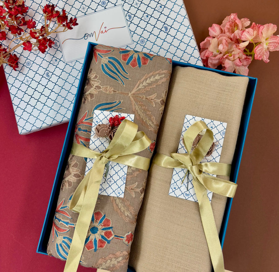 OMVAI Embroidery Pashmina Combo Gift Set in Pure Cashmere wool - Caramel Embroidered Stole with  Beige Solid Stole (Set of  2 - For HIM and for HER)
