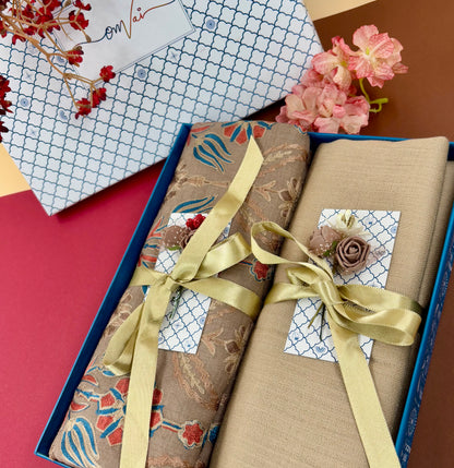 OMVAI Embroidery Pashmina Combo Gift Set in Pure Cashmere wool - Caramel Embroidered Stole with  Beige Solid Stole (Set of  2 - For HIM and for HER)