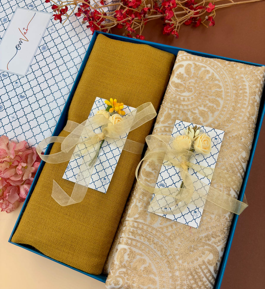 OMVAI Embroidery Pashmina Combo Gift Set in Pure Cashmere wool - Beige Embroidered Stole with  Nude Gold Solid Stole (Set of  2 - For HIM and for HER)