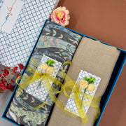 OMVAI Pashmina Combo Gift Set in Pure Cashmere wool - Beige Kalamkari Kani with Embroidery and solid (Set of 2 - For HIM and for HER)