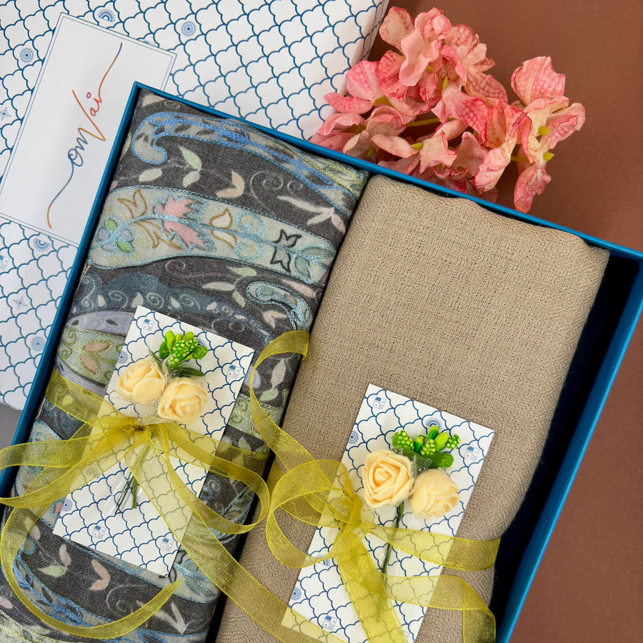 OMVAI Pashmina Combo Gift Set in Pure Cashmere wool - Beige Kalamkari Kani with Embroidery and solid (Set of 2 - For HIM and for HER)